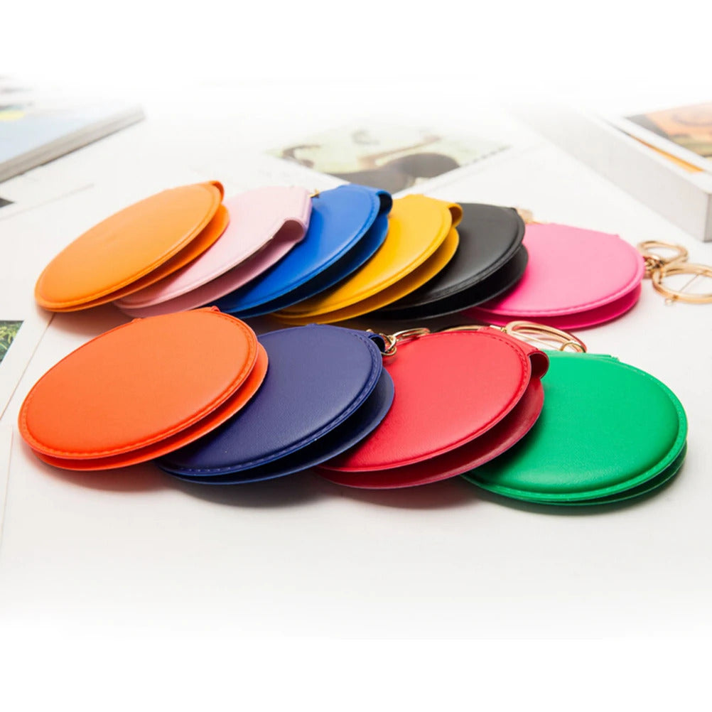 CX187  Portable Candy Color Mini PU Leather Pocket Makeup Mirror Key Chain Cosmetic Compact Mirrors Double Dual Sides Girl