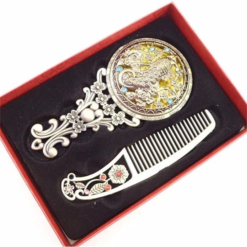 L246 Classic Chic Retro Vintage Pocket Mirror Compact Makeup Mirrors Comb Set Hand Make Up Bronze Hollowed-Out