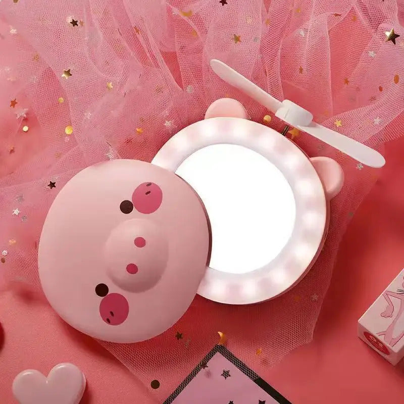 L198 Cartoon Cute Piggy Mini Cosmetic Mirror Compact Portable Pocket Makeup Mirrors Cooling Fan Light Handheld USB Rechargeable