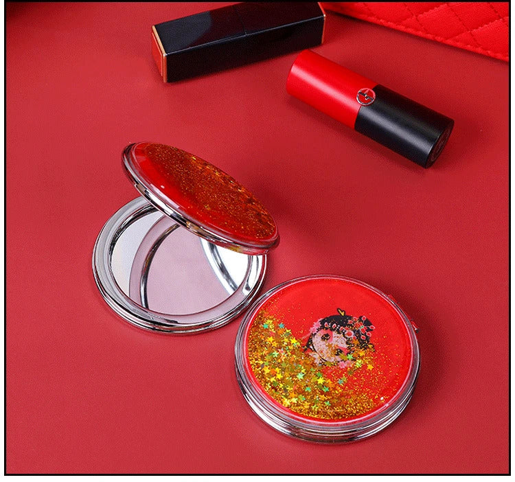 L80 Makeup Mirror Magnifying Quicksand Sequin Chinese Opera Doll Cartoon Pattern Portable Pocket Mirror Travel Creative Gifts