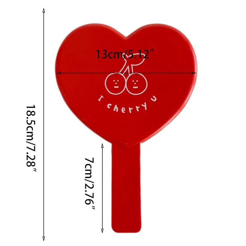 DSHOU313 Lovely Vintage Heart-Shaped Red Handheld Mirror Cartoon Cherry Printed Compact Travel Cosmetic Makeup Tool with Handle