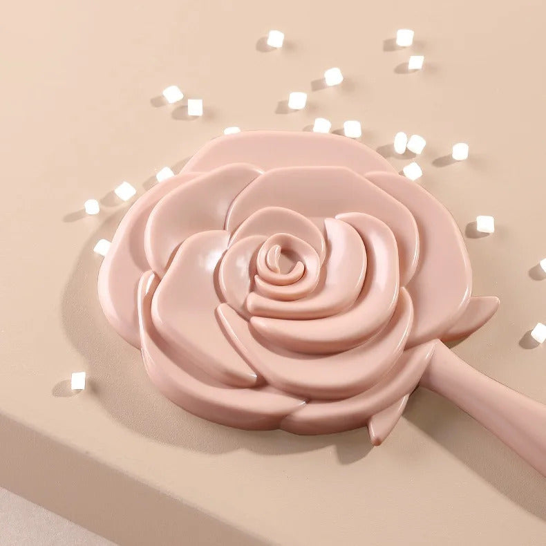 DSHOU287 Cute Makeup Mirror Elegant Rose Shape Design Handle Mirror Princess Tiny Mirror Portable Travel Size Pink Fixing Makeup
