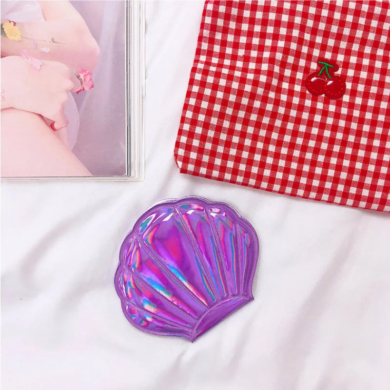 TSHOU982 New 2X Magnifying Shell Shape Makeup Mirror Portable Makeup Vanity Foldable Laser Pocket Mirror Cosmetic Hand Compact