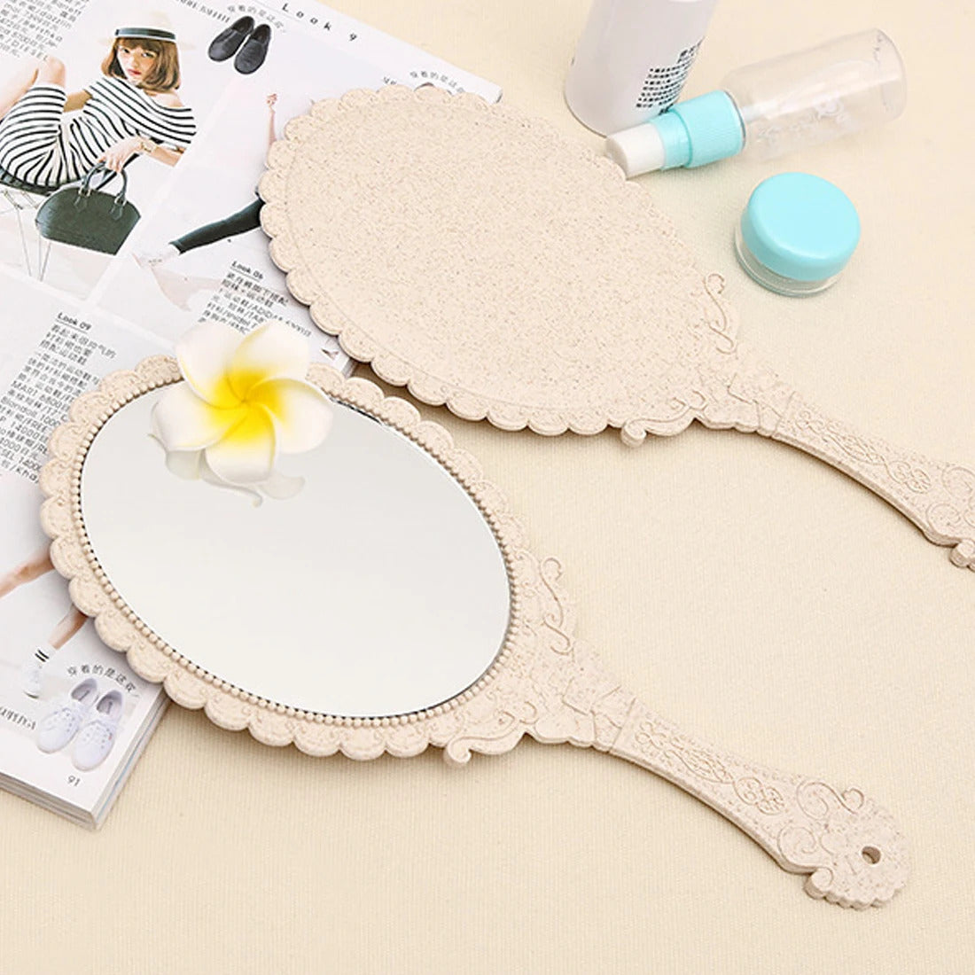 L289 hot European Style Vintage Handheld Roses Mirror Princess Women Girls Oval Vanity Makeup Cosmetic Tool with Anti-Slip