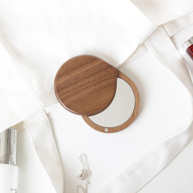 CX185 Wooden Mirror Round Foldable Mirrors Japanese Style Portable Walnut Small Mirror Make Up