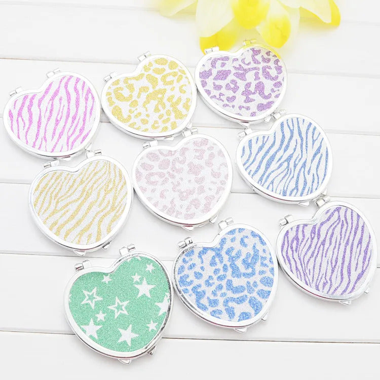 L474 Portable Pocket Mirror Heart Shaped Folding Double-sided Mirror Steel Makeup Mirrors Small Purse Mirror of Girls Women