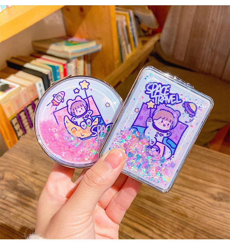 CX72  Women Cosmetic Mirrors for Gift Cute Mirror Cartoon Mirror Portable Two-side Folding Make Up Mirror Mini Makeup Compact
