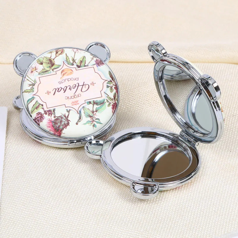 CASHOU157 Mini Retro Makeup Mirror panda Makeup Compact Pocket Flower Mirror Portable Double-Sided Folding Cosmetic Mirror