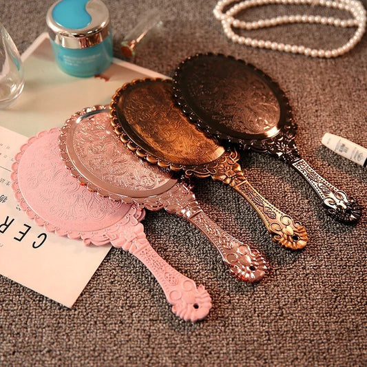 CX381 Mini Portable Vintage Mirror Handhold Makeup Mirror Pink Floral Oval Round Cosmetic Hand Held Mirror With Handle For Women