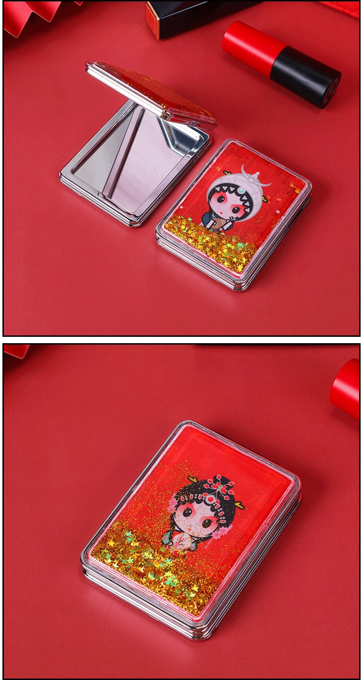 CX183  Makeup Mirror Magnifying Quicksand Sequin Chinese Opera Doll Cartoon Pattern Portable Pocket Mirror Travel Creative