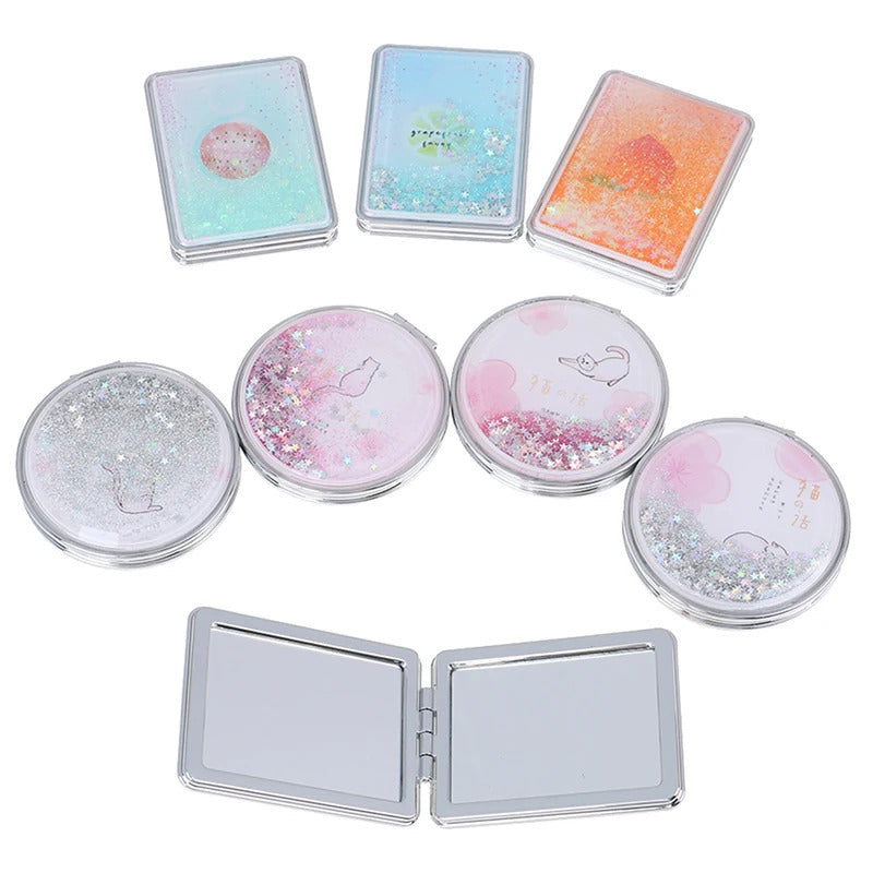 TSHOU921 Double-Sided Folding Cosmetic Mirror Mini Makeup Mirror Compact Pocket Mirror Female Gifts With Flowing Sparkling Sand