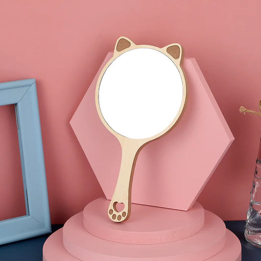 CX81 Hand Mirrors Wood Creative Design Makeup Handheld Cosmetic Mirror with Handle Makeup Mirror Cute Cat Ear Mirror