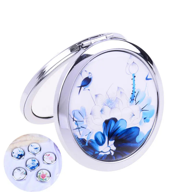 TSHOU918 Chinese Round Mini Folding Mirror Girls Mini Cute Mirror Double Side Folded Black Mirror Portable Pocker Mirror
