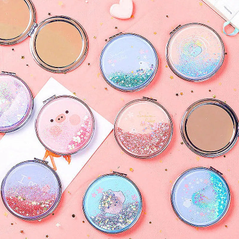 CX348 Cute Pig Shiny Quicksand Makeup Mirror Double Sided Pocket Mirror Girls Outdoor Portable Foldable Mirror Compact Mirror