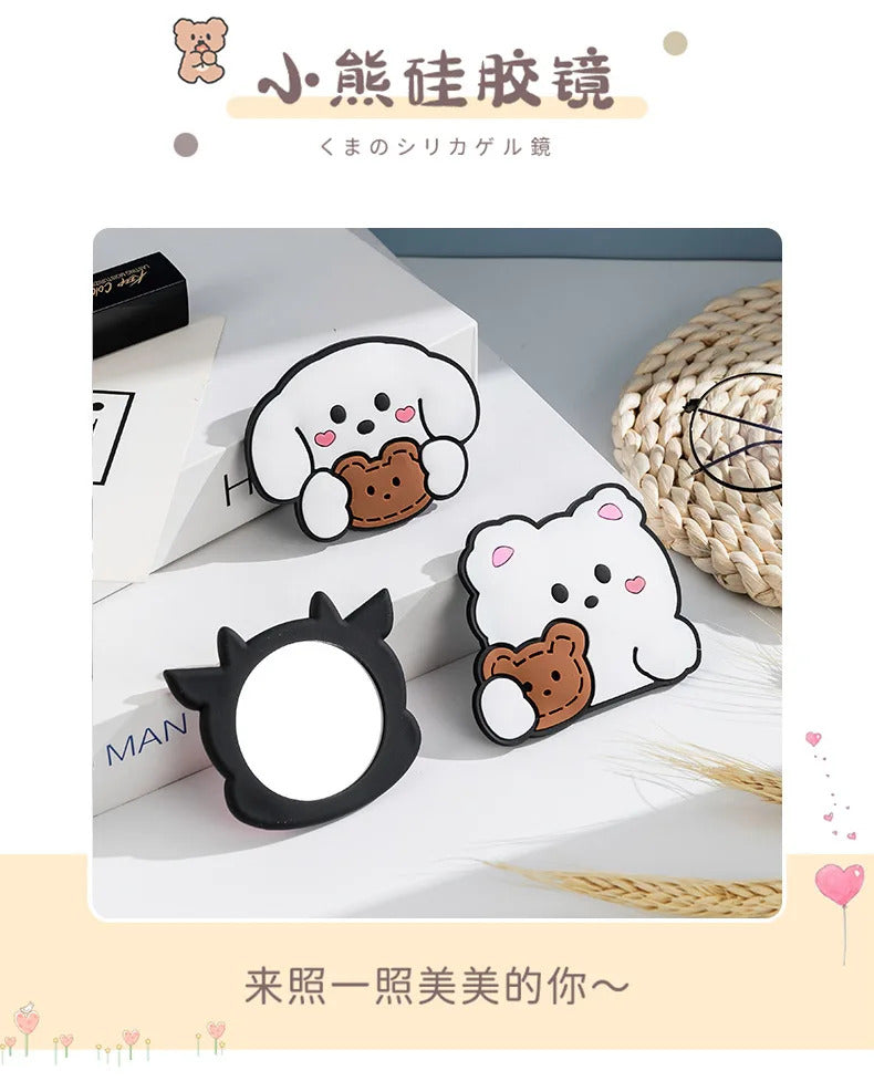 CX715  Portable Cute Mini Mirror Cartoon Little Rabbit Bear Pattern Gift for Little Girls Silicone Purse Mirror