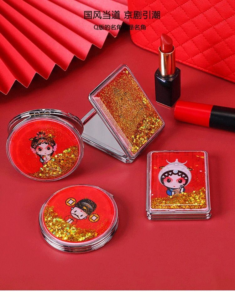 DA15  Makeup Mirror Magnifying Quicksand Sequin Chinese Opera Doll Cartoon Pattern Portable Pocket Mirror Travel Creative Gifts