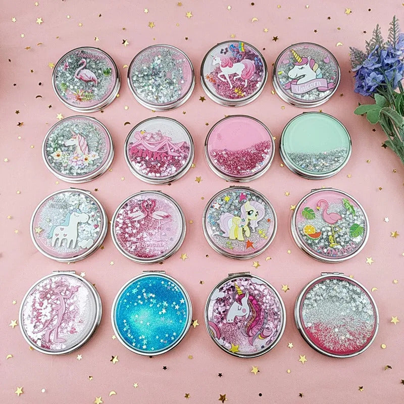 CASHOU148 Cartoon Double-Sided Unicorn Makeup Mirror Compact Pocket Mirror Mini Folding Cosmetic Mirror Gifts with Flowing Sparkl