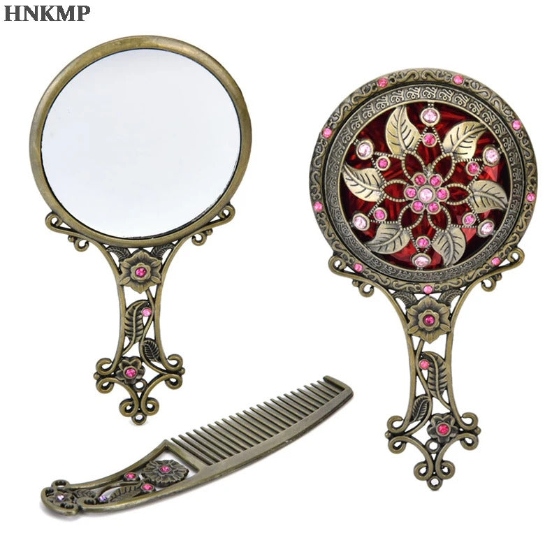 TSHOU990 Women Chic Retro Vintage pocket Mirror Compact Makeup Mirrors Comb Set Hand Make Up Bronze Hollowed-Out Make Up