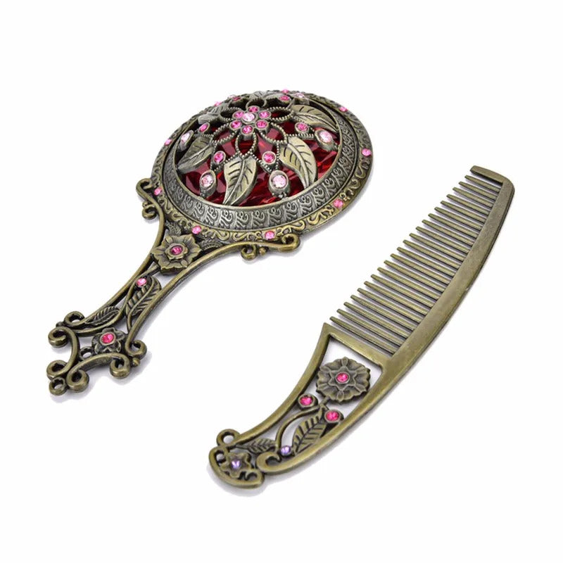 CX69 Women Chic Retro Vintage pocket Mirror Compact Makeup Mirrors Comb Set Hand Make Up Bronze Hollowed-Out Make Up