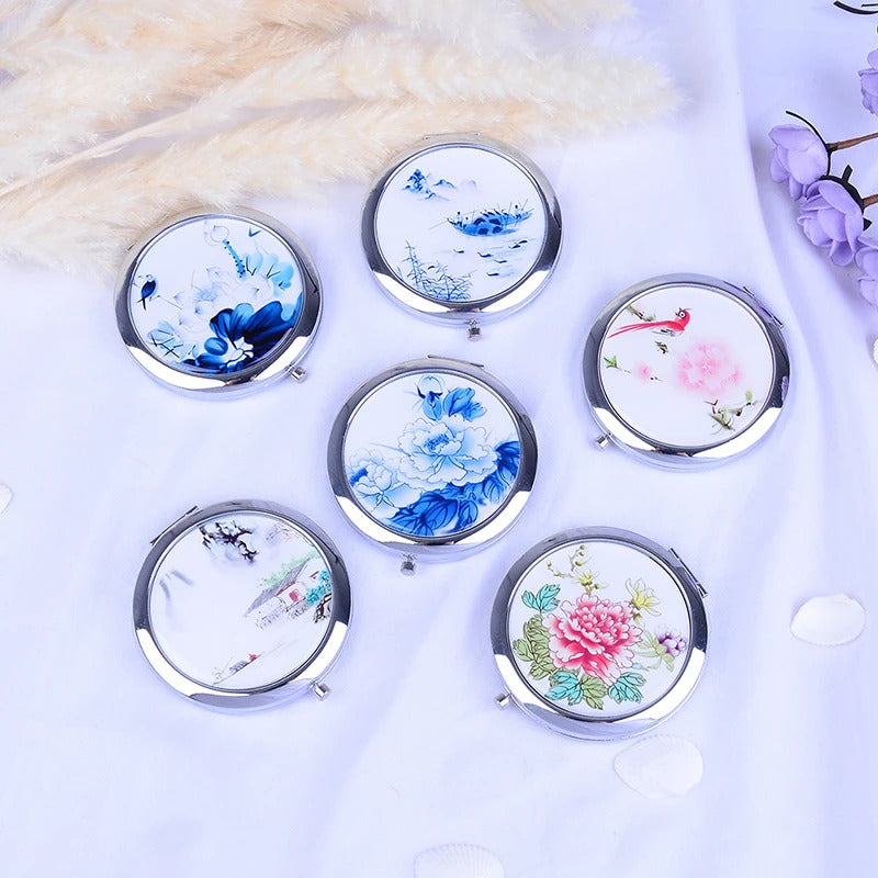 L456 Sided Magnifying Folding Makeup Mirror Printed Flower Porcelain Mirrors Mini Makeup Compact Pocket Mirror