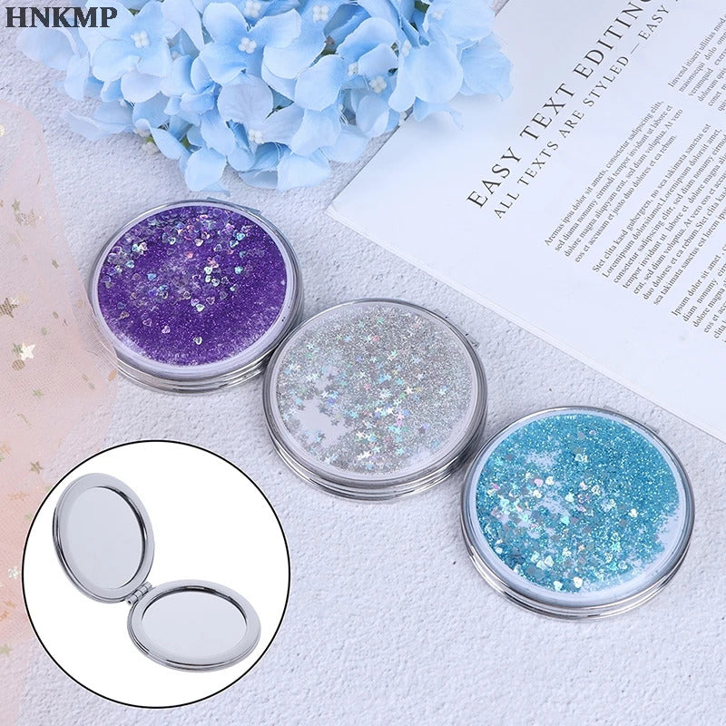 TSHOU535 Portable Double-Sided Mini Makeup Mirror Compact With Flowing Sparkling Sand Pocket Mirror Folding Cosmetic Mirror