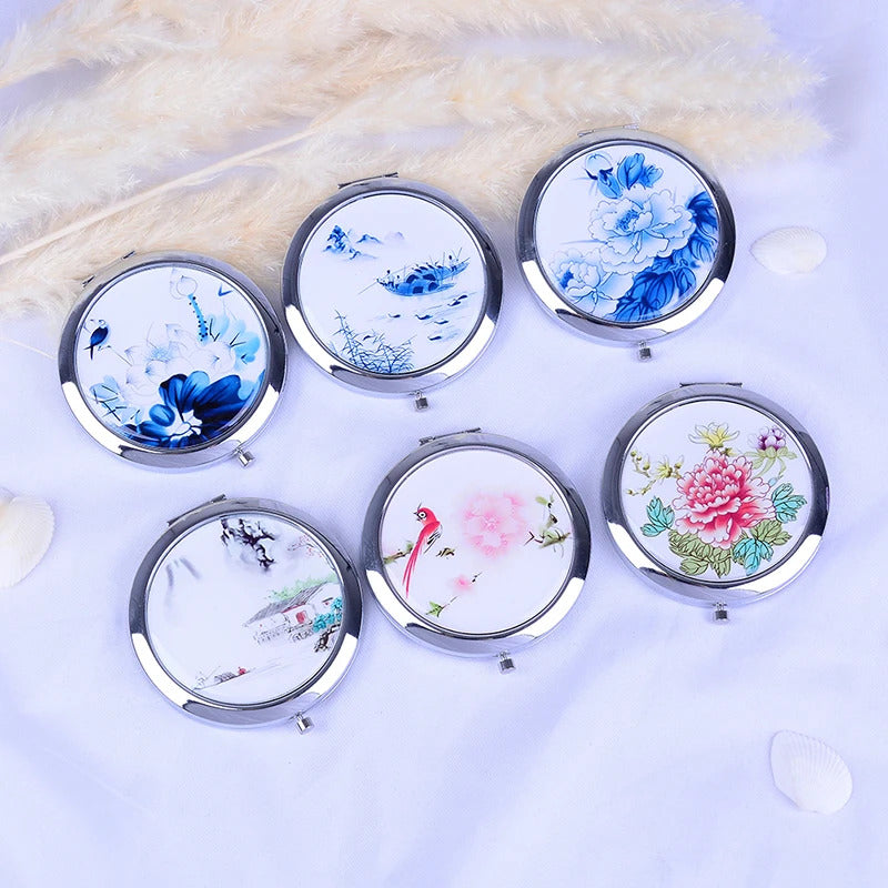 CASHOU151  Chinese Round Mini Folding Mirror Girls Mini Cute Mirror Double Side Folded Black Mirror Portable Pocker Mirror