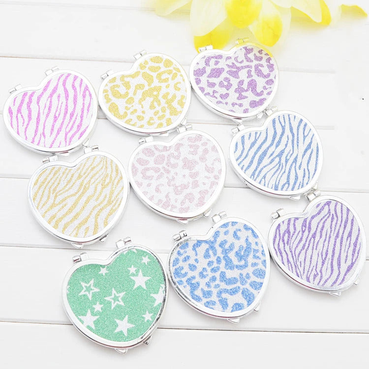 SET38  Portable Pocket Mirror Heart Shaped Folding Double-sided Mirror Steel Makeup Mirrors Small Purse Mirror of Girls Women