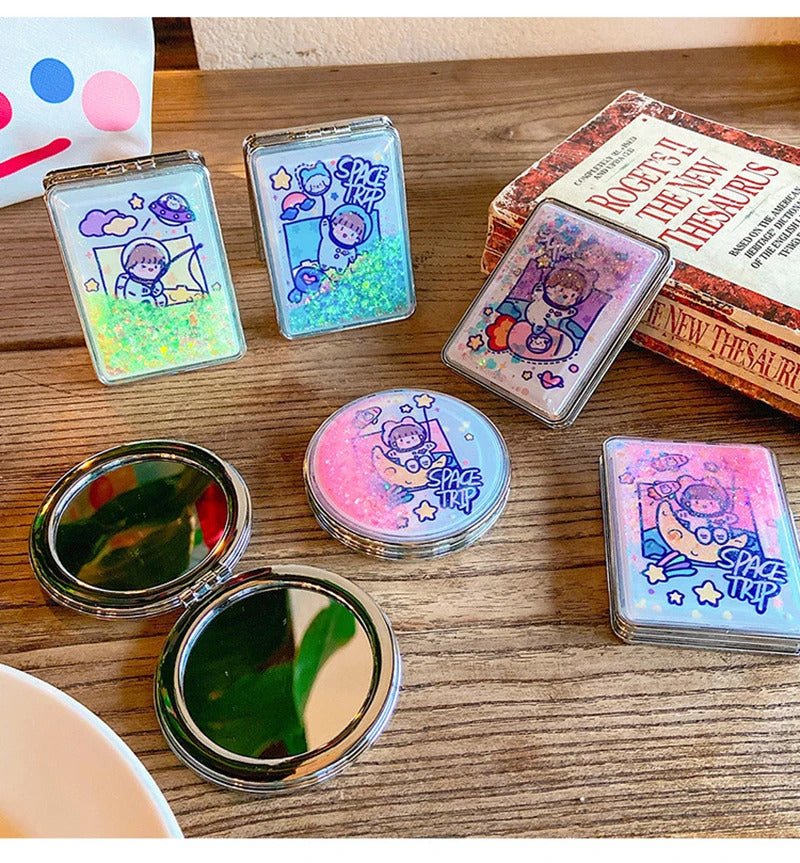 L421  Mini Makeup Compact Pocket Cartoon Mirror Portable Two-side Folding Make Up Mirror Women Cosmetic Mirrors for Gift