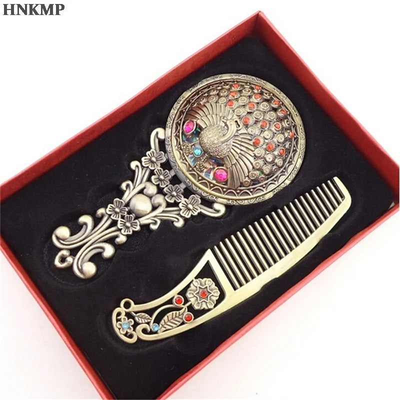 TSHOU1000  Women Chic Retro Vintage pocket Mirror Compact Makeup Mirrors Comb Set Hand Make Up Bronze Hollowed-Out Make Up