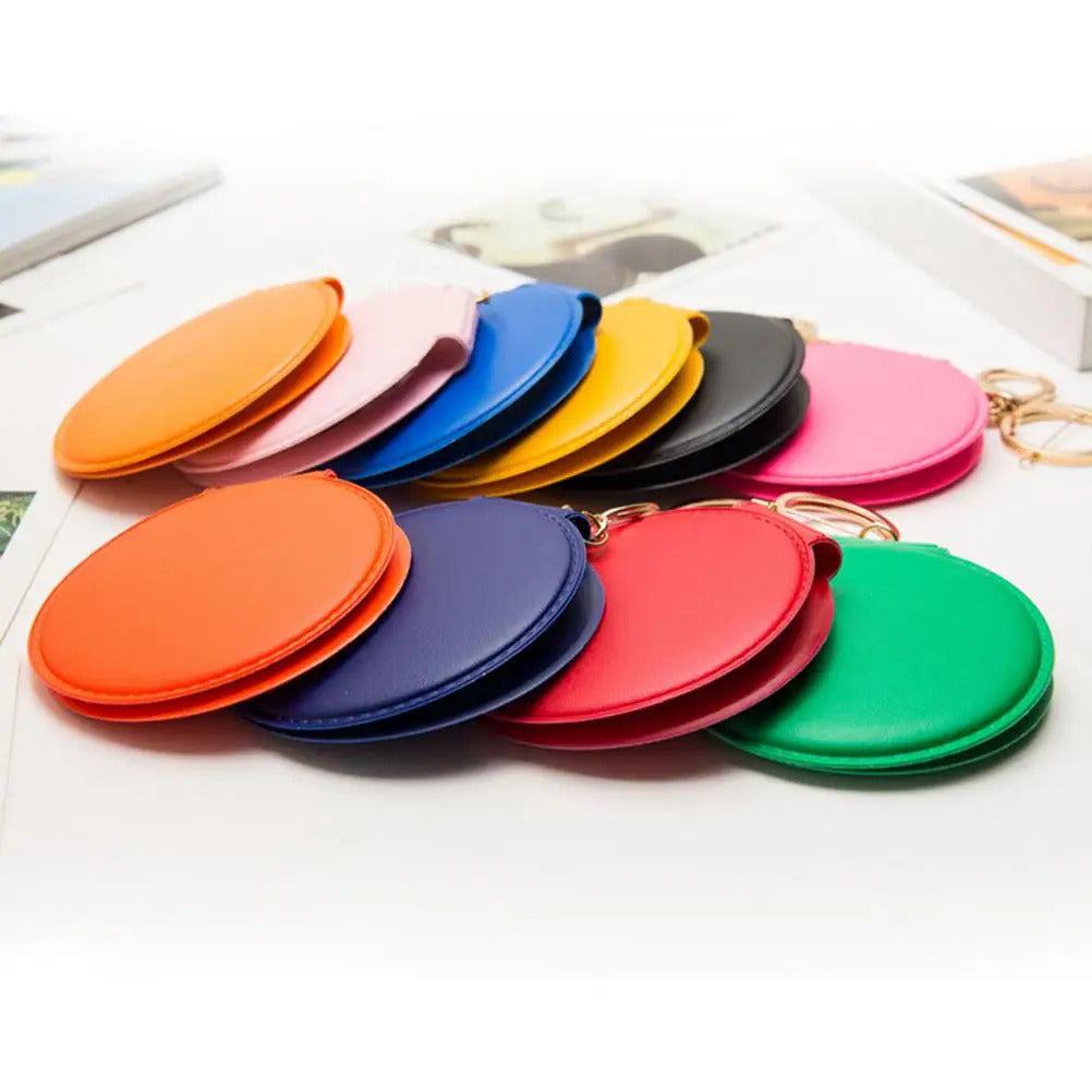 TSHOU938 Portable Candy Color Mini PU Leather Pocket Makeup Mirror Key Chain Cosmetic Compact Mirrors Double Dual Sides Frame Girl