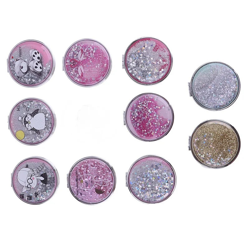 CX415 Compact Pocket Portable Double Sided Folding Cosmetic Mirror Mini Make-Up Mirror With Sparkling Flowing Sand