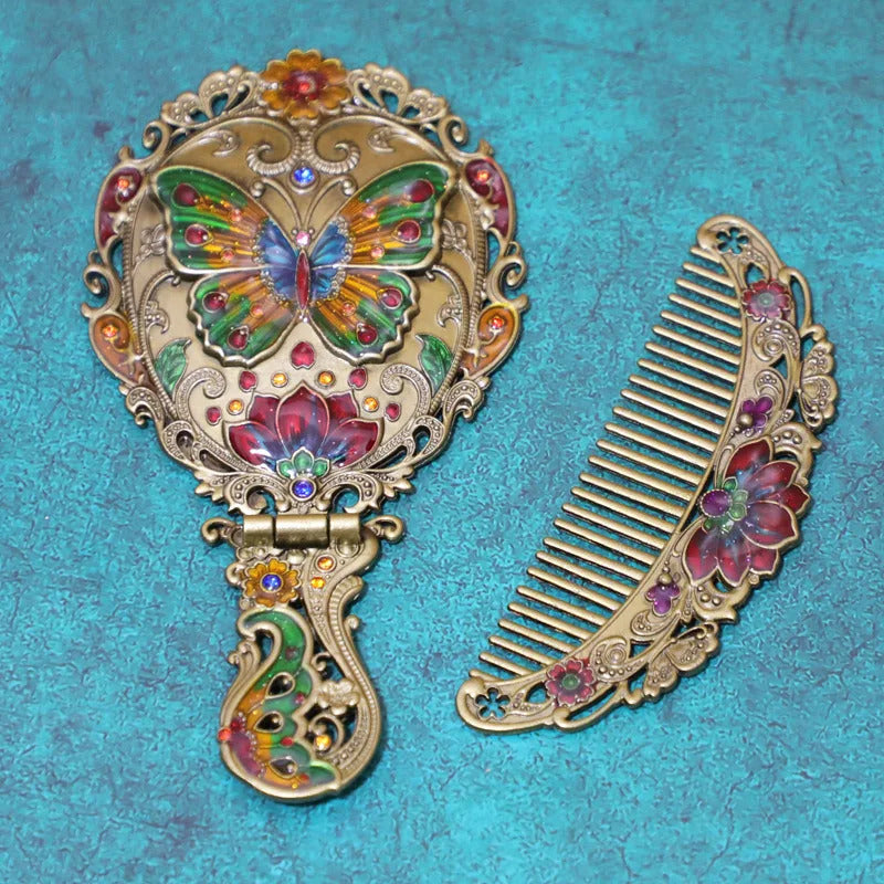 L327 Handle Mirror Comb Retro Euporen 3D Foldable Desktop Princess Mirro with Storage Gift Box Portable Standing Makeup Mirr