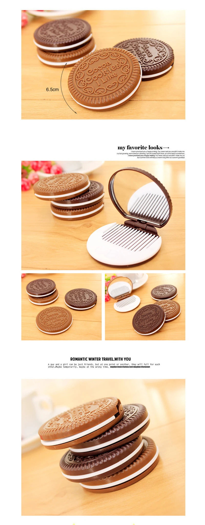 CX376  Mini Pocket Chocolate Cookie Biscuits Compact Mirror with Comb