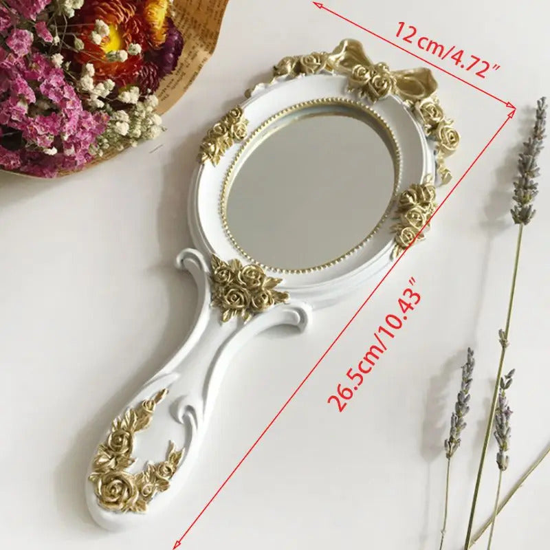 DSHOU206  European Style Vintage Handheld Roses Mirror Princess Women Girls Oval Vanity Makeup Cosmetic TooL