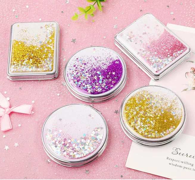 TSHOU833 Fashion 2-Face Mini Pocket Makeup Mirror Creative Cosmetic Compact Mirrors with Flowing Sparkling Sand Can