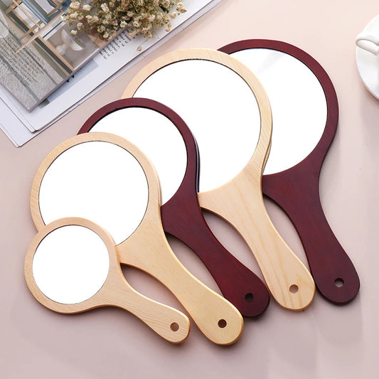 CX242 Wooden Vintage Hand Mirrors Makeup Vanity Mirror Round Hand Hold Cosmetic Mirror With Handle For Gifts