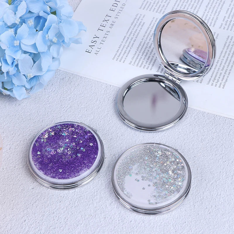 L295 Portable Mini Makeup Mirror Compact Pocket Mirror Double-Sided Folding Cosmetic Mirror Female Gifts With Flowing Sparkling