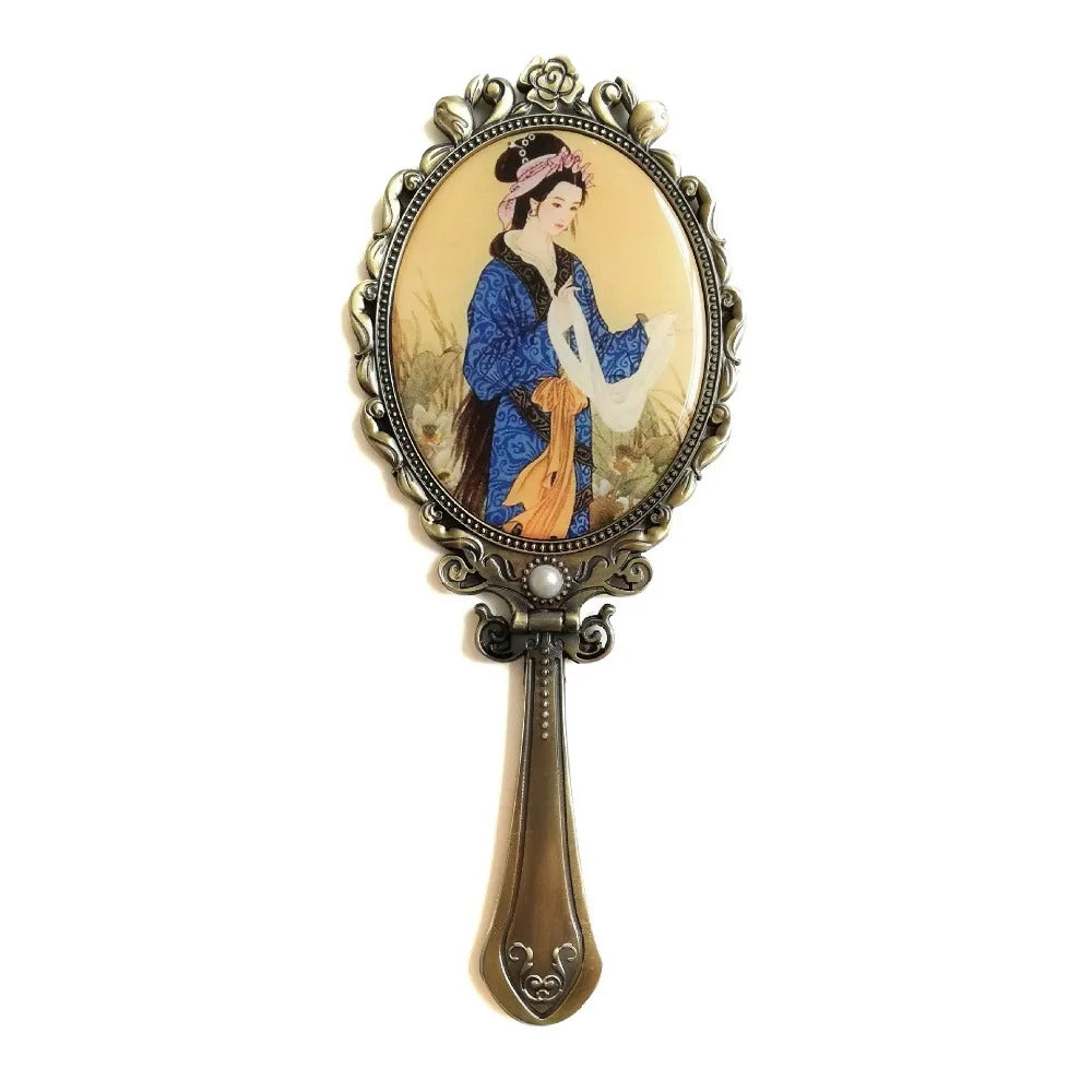CX176 Foldable Desktop Princess Mirror Chinese Tang Dynasty Character Comb Suit Retro Portable Makeup Mirror Handle Mirror