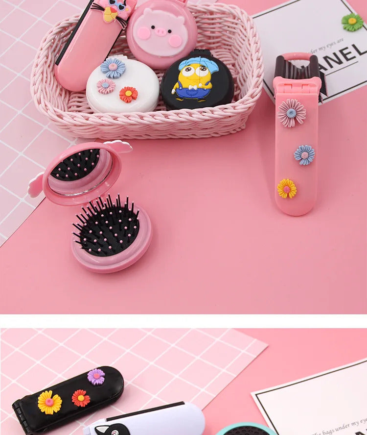 CX429 Mini Pocket Mirror Portable Pocket Small Travel Girl Hair Brush with Mirror Styling Tools Cute Massage Folding Mirror
