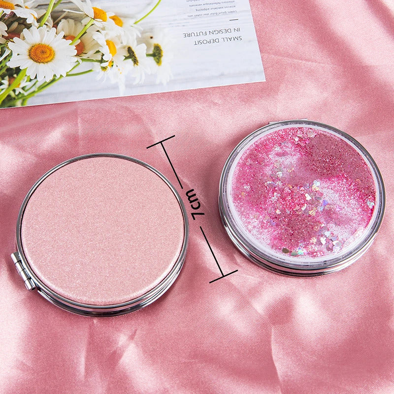 L135 Portable Double-Sided Folding With Flowing Sparkling Sand Mini Makeup Mirrors 1 Pcs