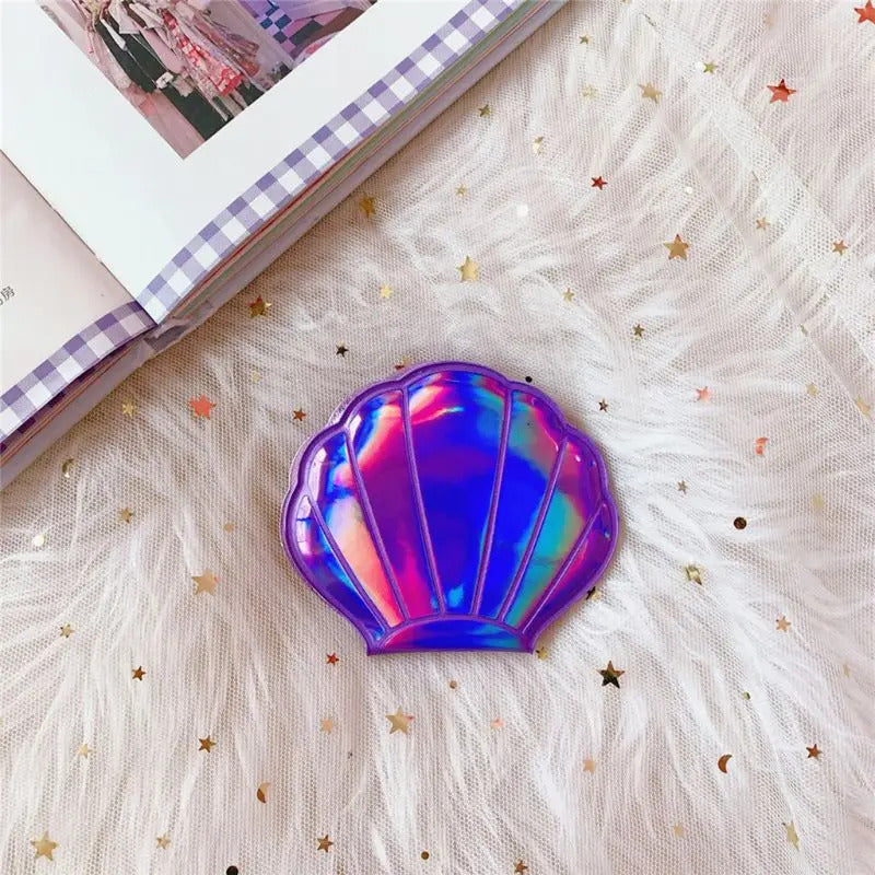 DSHOU331  Creative Sea Shell Shaped Holographic Rainbow Colored Magnifying Compact Cosmetic Double Sided Folding Pocket Mirror