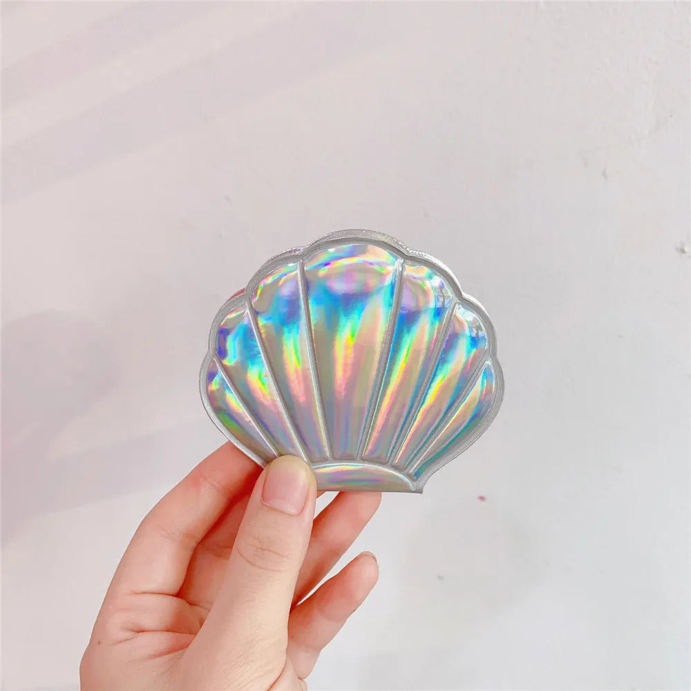L323 Shell Shape Makeup Mirror 2X Magnifying Mirror Portable Vanity Foldable Laser Travel Pocket Mirror Cosmetic Hand Compac