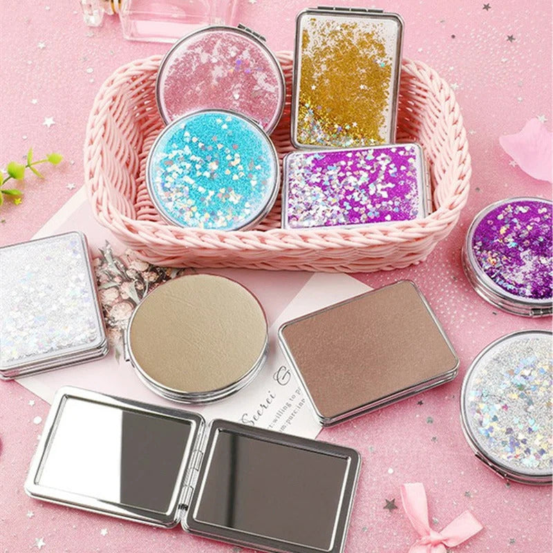 CX276 Shiny Quicksand Makeup Mirror Cute Pocket Mirror Makeup 2-Face Portable Foldable Vanity Mirror Hand Mirror Compact Mirrors