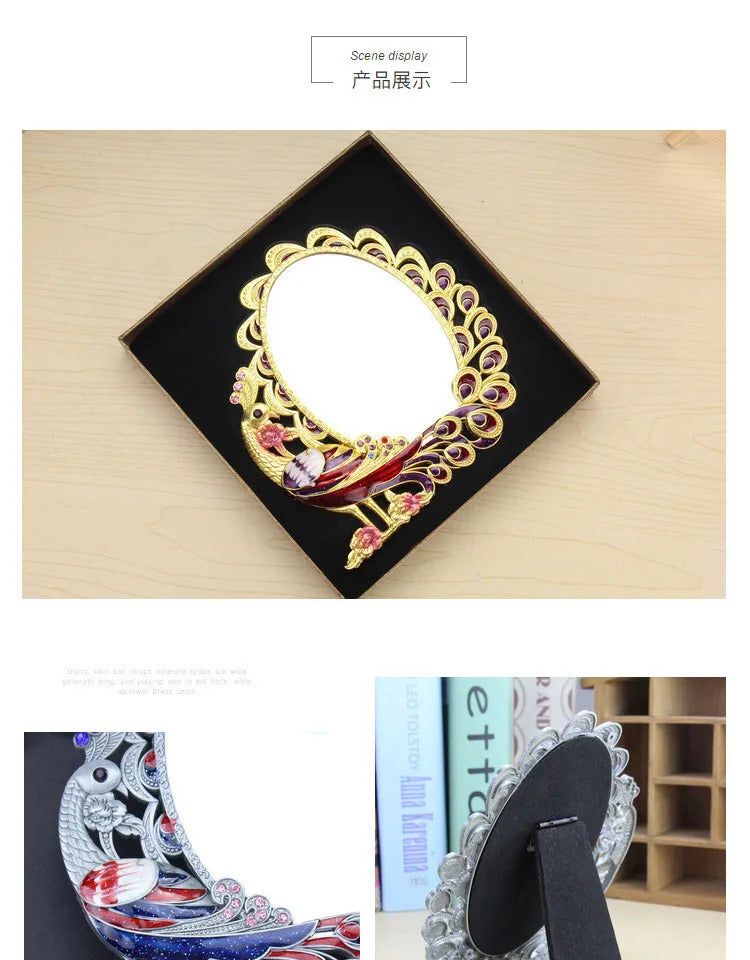 CASHOU21 Standing Mirror for Bedroom Folding Desktop Makeup Mirror Retro Euporen 3D Peacock Pattern Princess Mirror with Storage