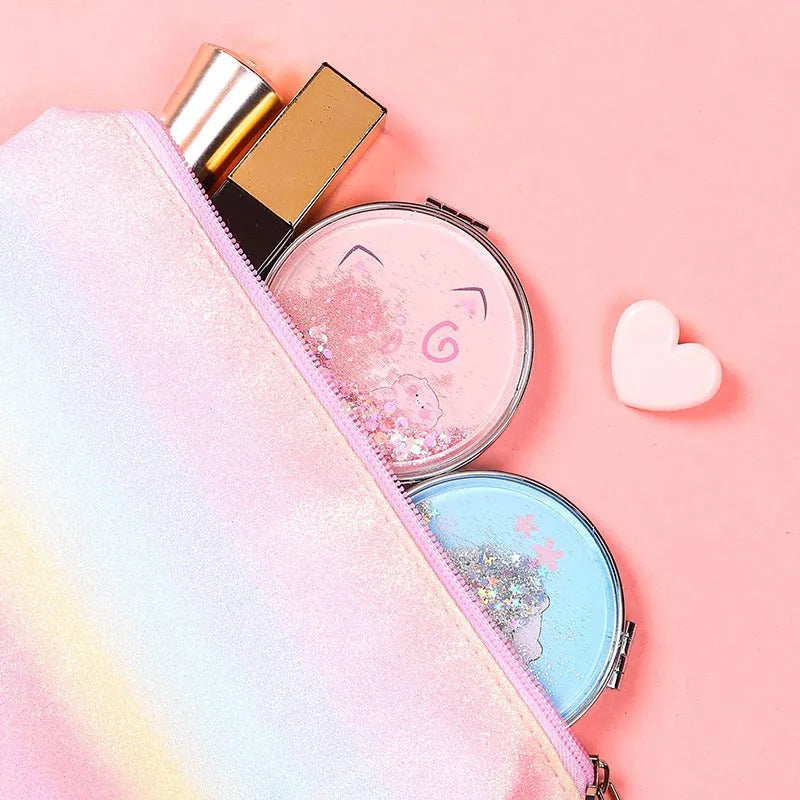 TSHOU924 Fashion 2-Face Mini Pocket Makeup Mirror Creative Cosmetic Compact Mirrors with Flowing Sparkling Sand Cartoon Pocket