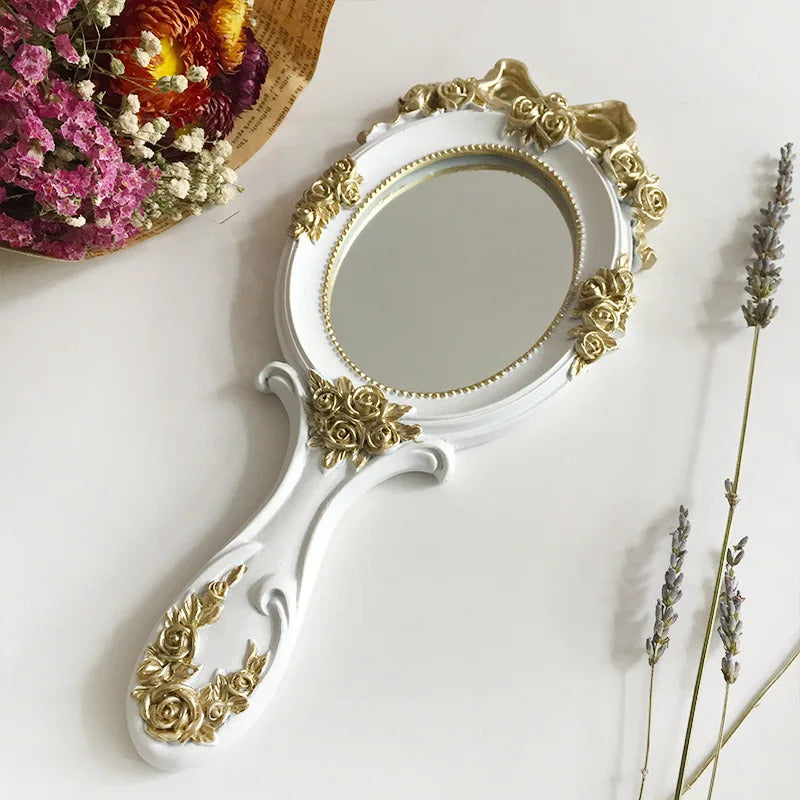 CSHOU234 European Palace Style Vintage Handheld Roses Mirror Princess Women Girls Oval Vanity Makeup Cosmetic Tool with Anti-Slip