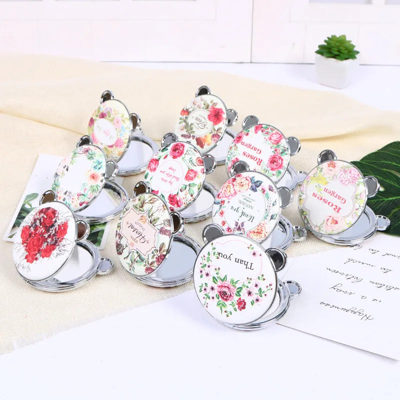 CASHOU157 Mini Retro Makeup Mirror panda Makeup Compact Pocket Flower Mirror Portable Double-Sided Folding Cosmetic Mirror