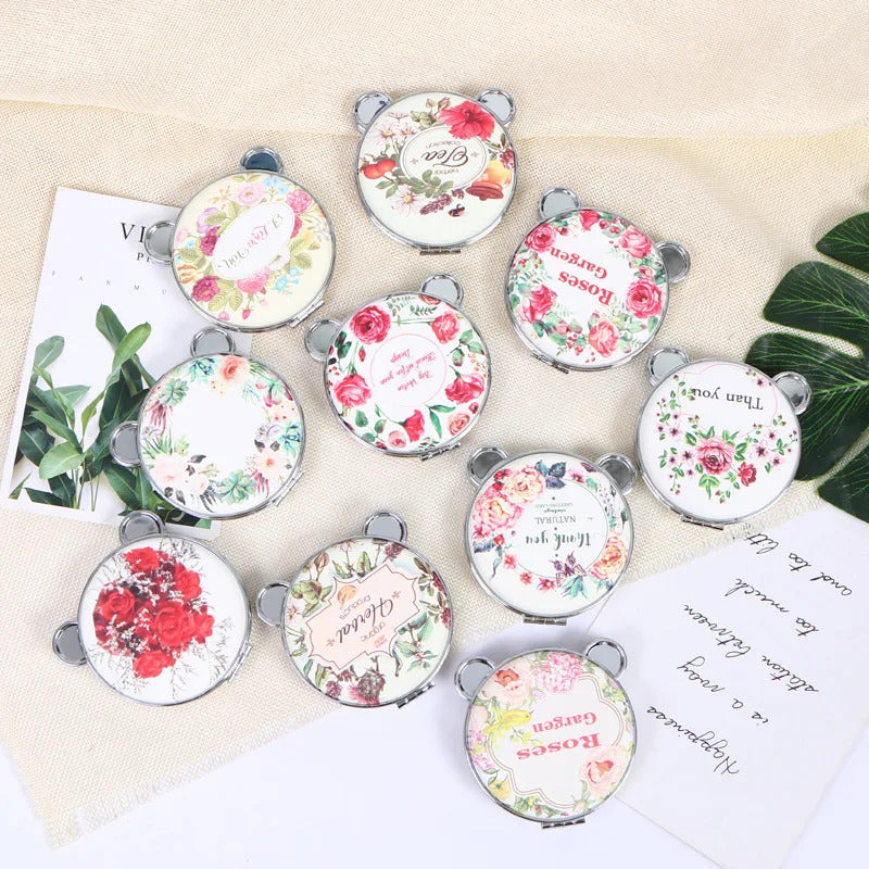 CASHOU157 Mini Retro Makeup Mirror panda Makeup Compact Pocket Flower Mirror Portable Double-Sided Folding Cosmetic Mirror