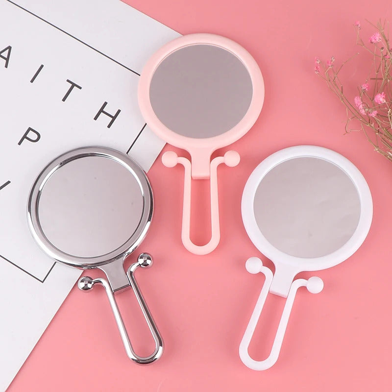 CX438  Double Sided 5x/10x Magnification Hand Held Makeup Mirror with Stand, Women Travel Folding Compact Mirror, True Image