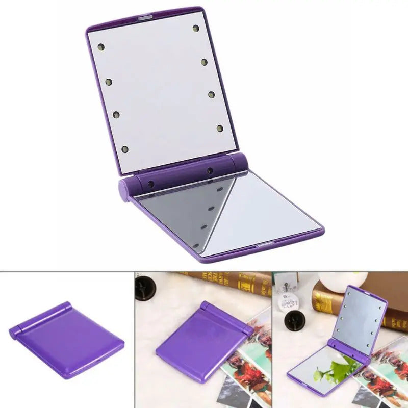 CX414 LED Lights Lamps Women Girls Portable Folding Rectangle Makeup Mirror Compact Pocket Size Travel Cosmetic U2JD